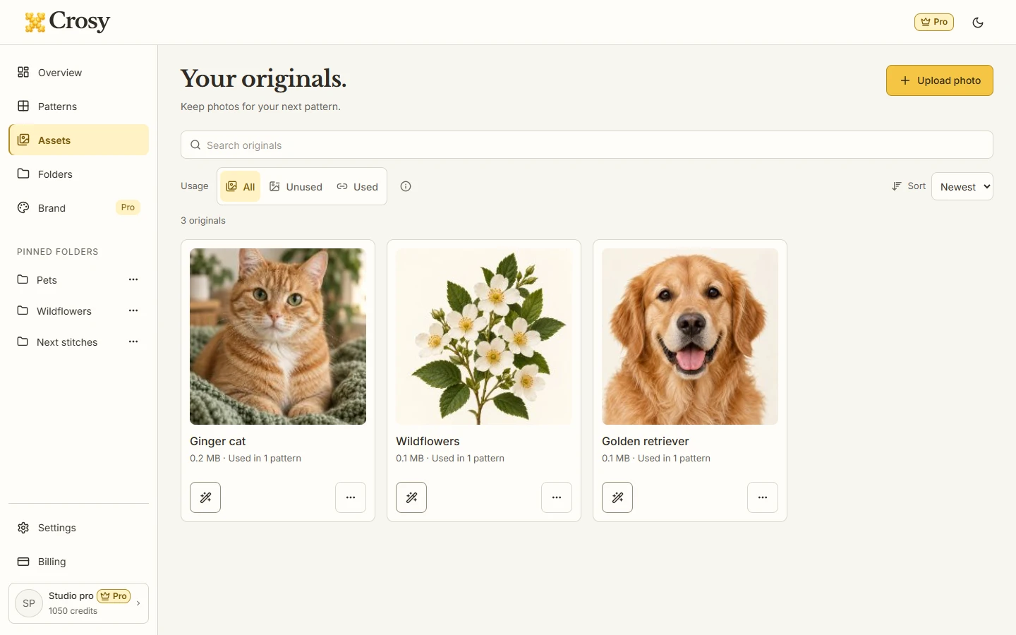 Your originals page showing Upload photo, original cards and All/Unused/Used usage filters.