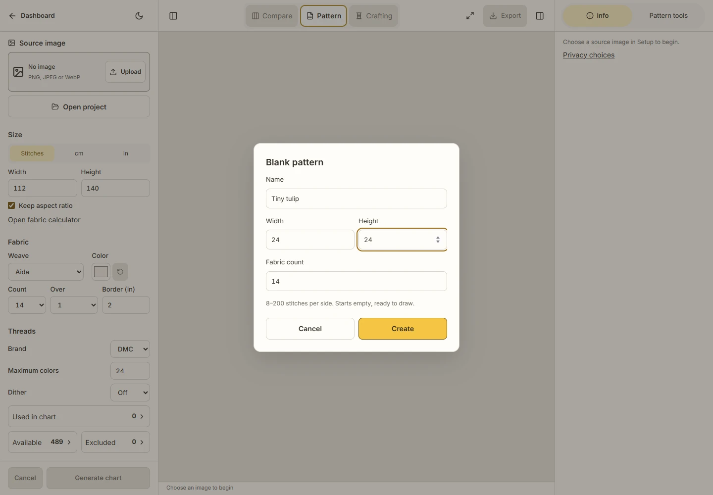 Actual Blank pattern dialog with Tiny tulip, width 24, height 24 and fabric count 14 entered before Create.