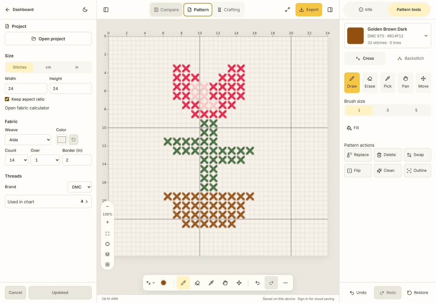 Actual completed tulip in Pattern mode with four used colors; DMC 975 is selected and shows 32 stitches and zero lines.