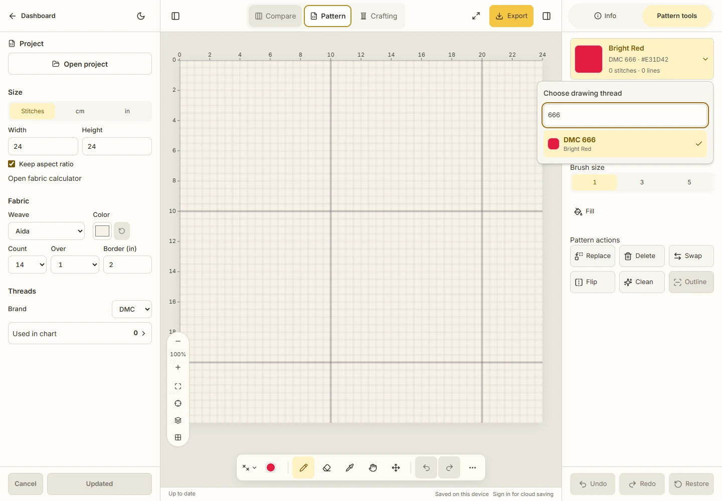 Actual Choose drawing thread search filtered to DMC 666, Bright Red.