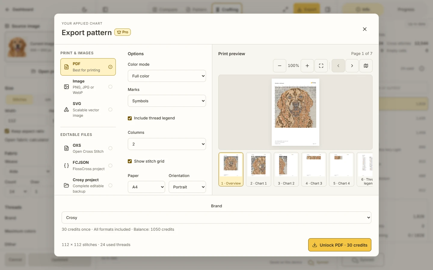 Workbench Export dialog showing format choices, print settings and the chart preview with its key.