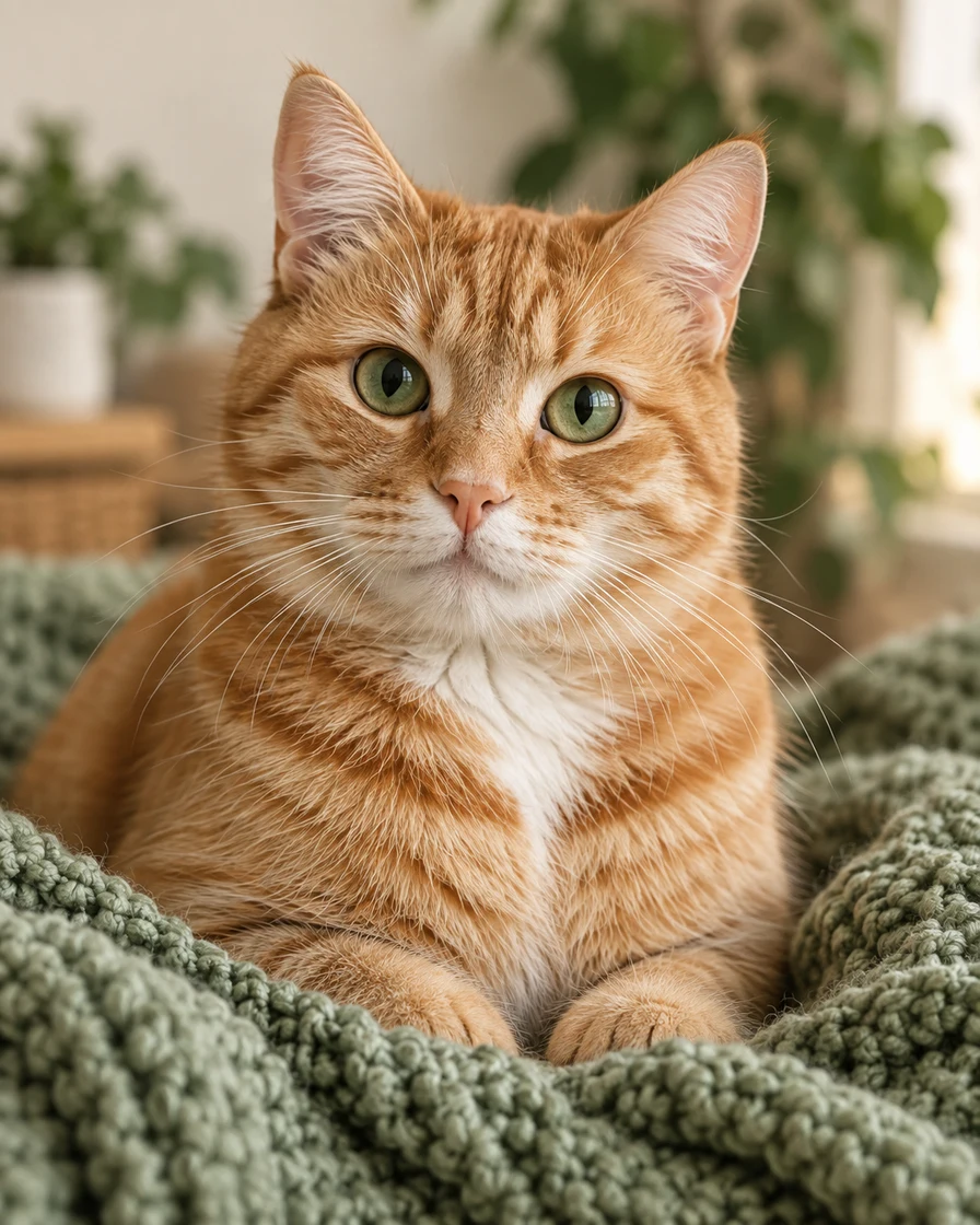 Ginger cat resting on a knitted blanket